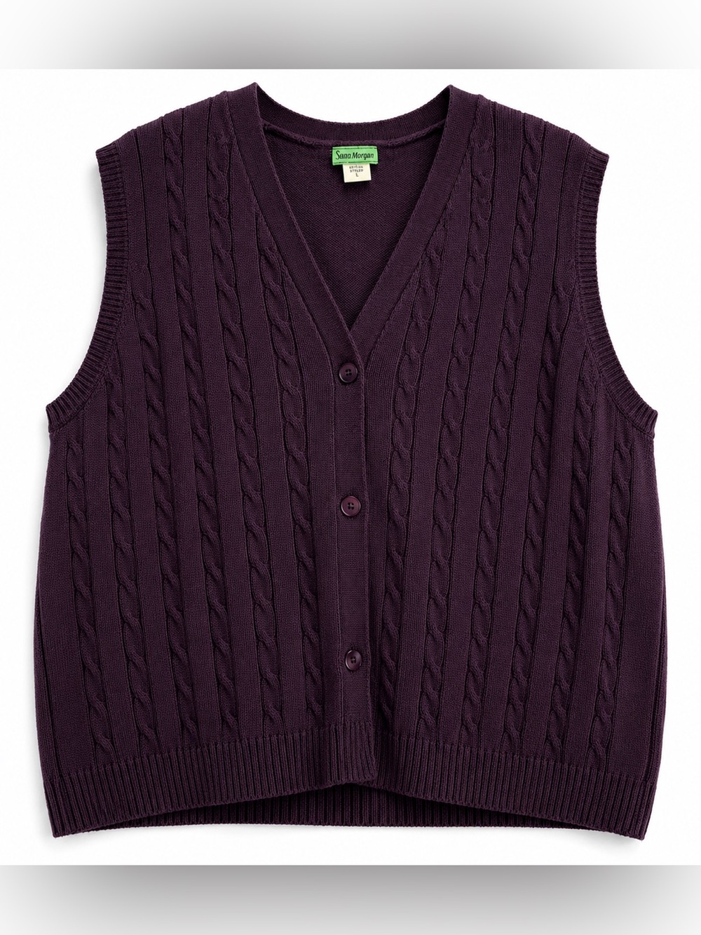 Sana Morgan for Haband Cable-Knit Button Front Vest - Deep Plum